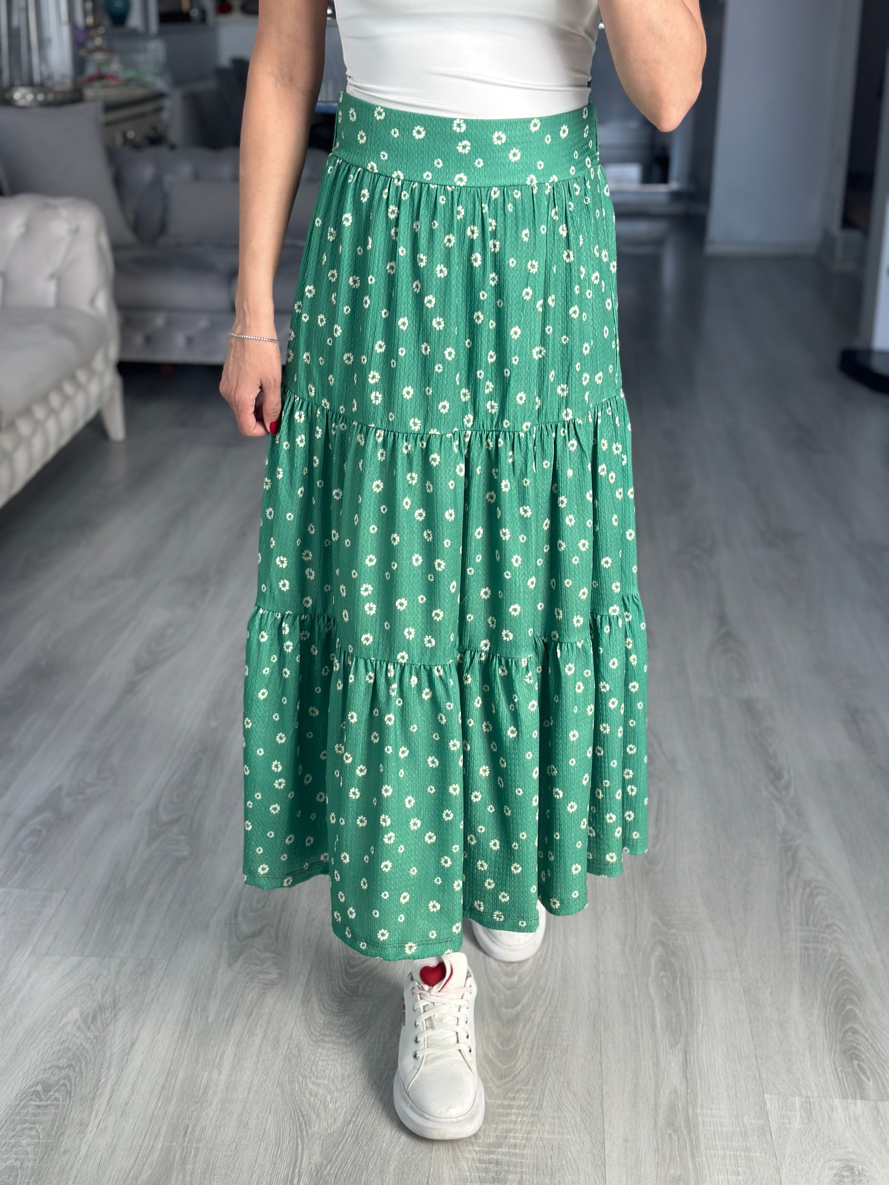 Yeşil Papatya Desenli Midi Boy Kadın Etek