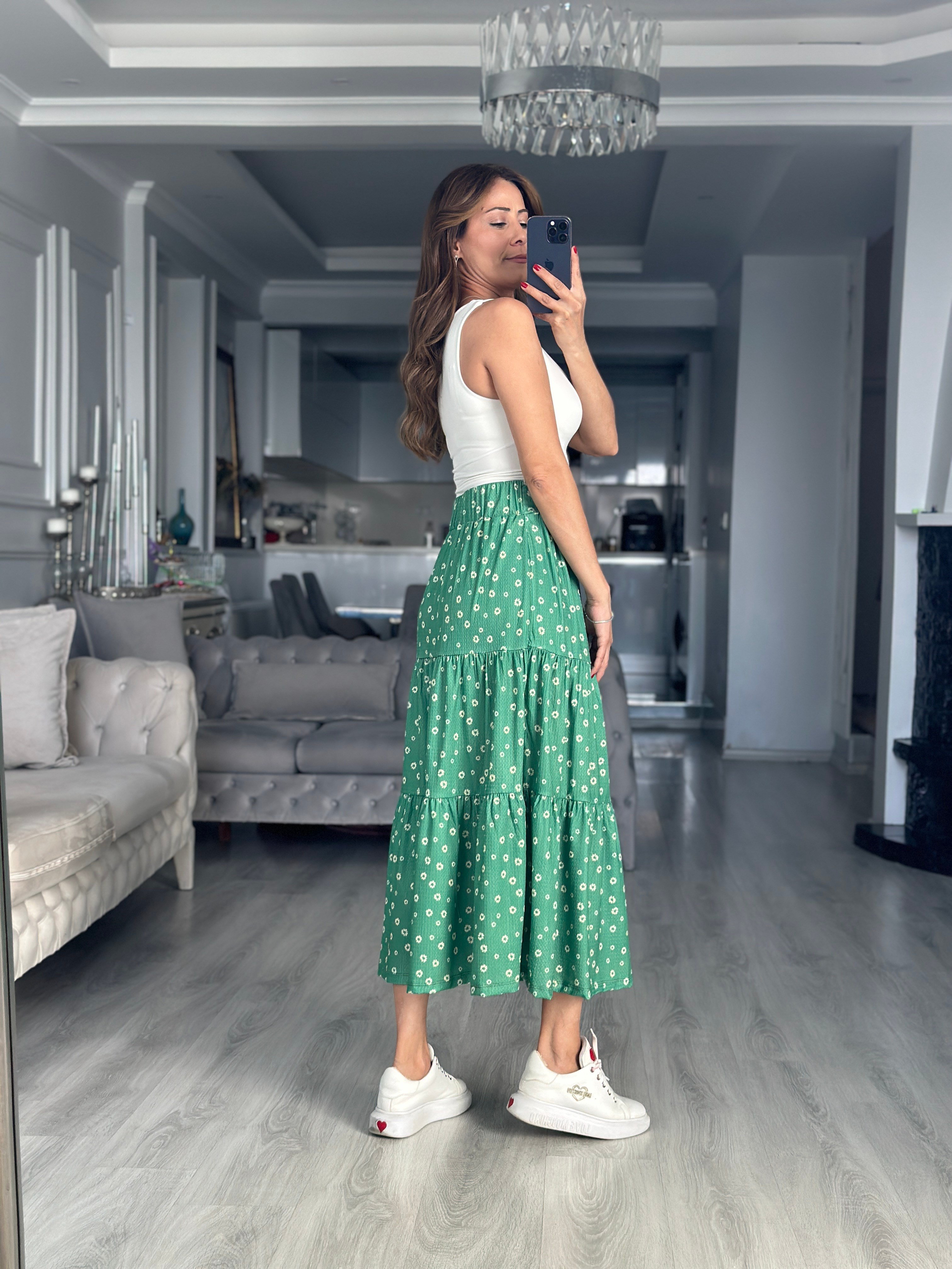 Yeşil Papatya Desenli Midi Boy Kadın Etek