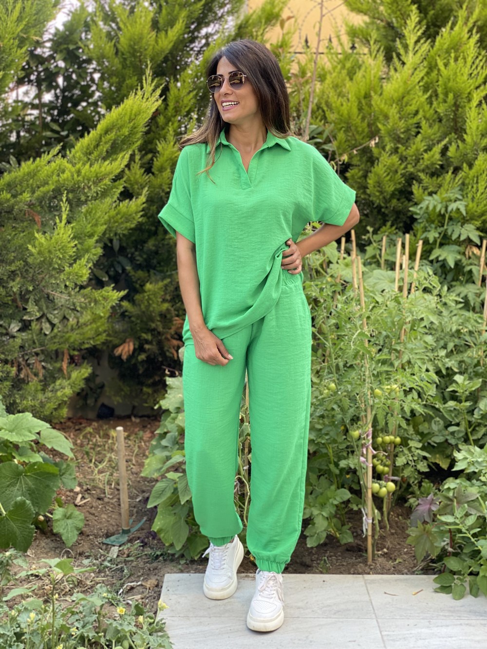 Yeşil Polo Yaka Aerobin Kadın İkili Takım