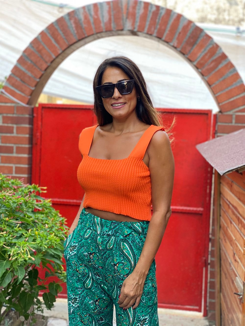 Yeşil Şal Desen Bel Lastikli Bol Paça Yürüyüş Kadın Pantolon