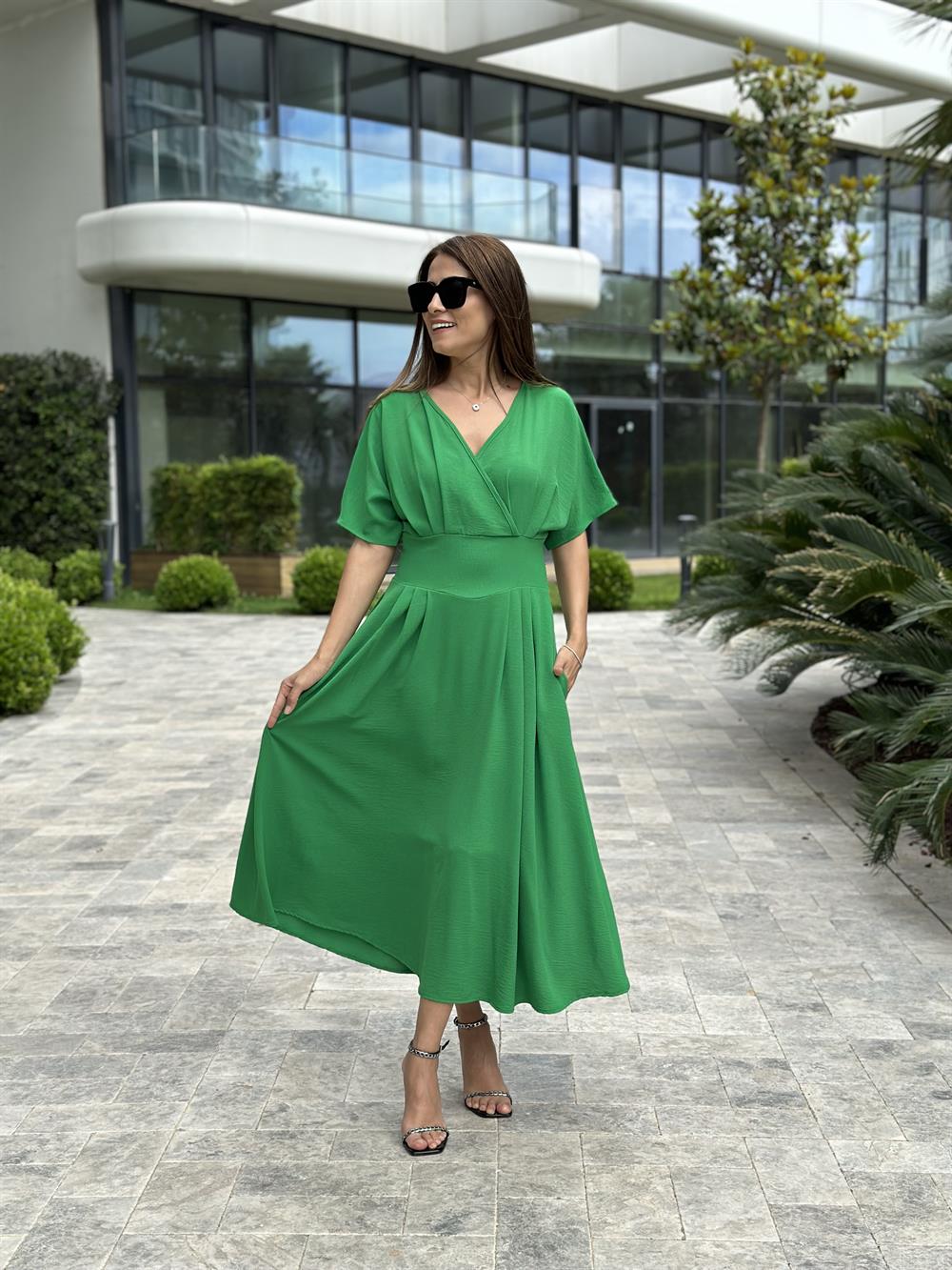 Yeşil Yarasa Kol Kruvaze Yaka  Aerobin Kadın Elbise 