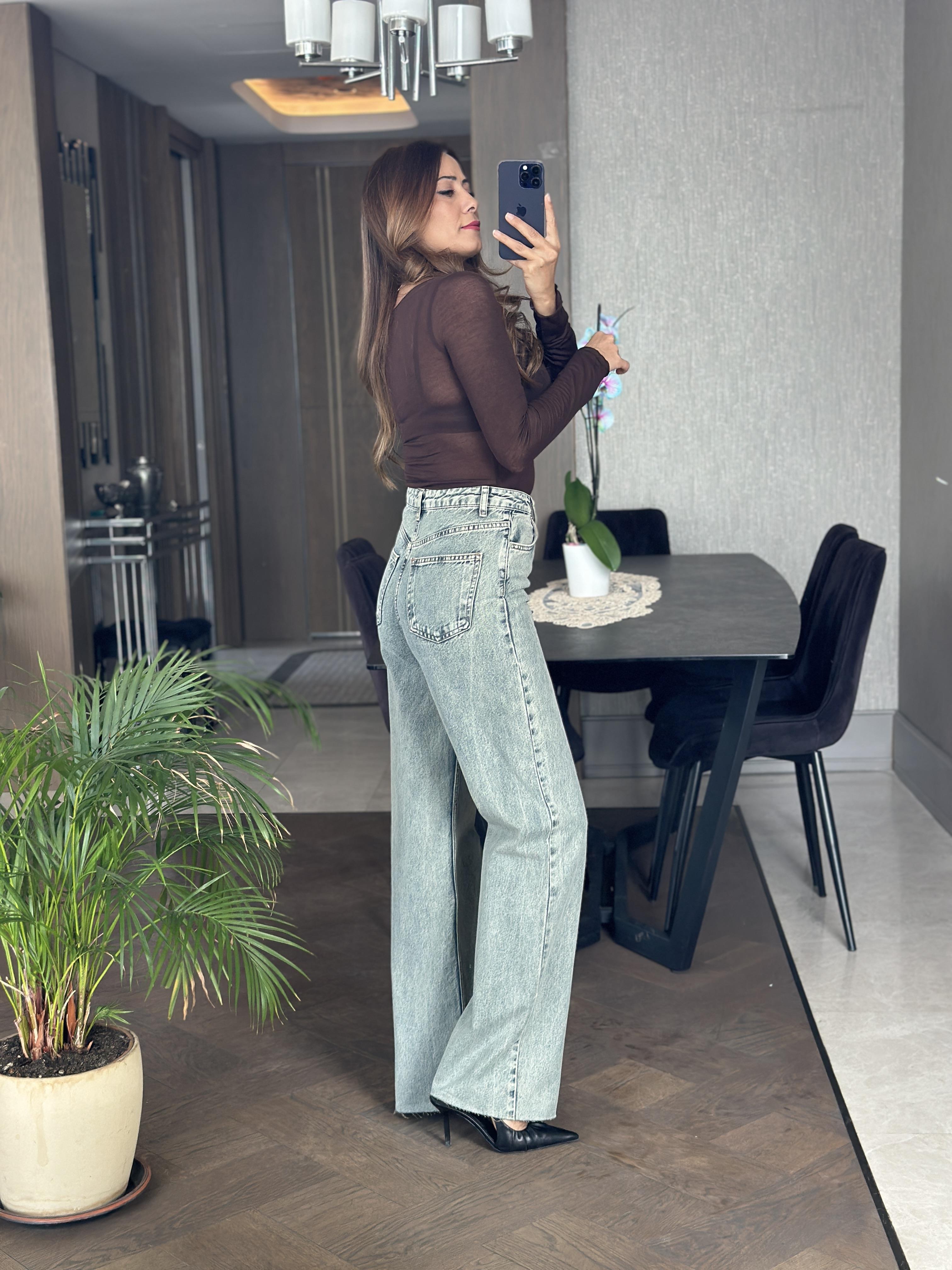 Yeşil Yıkamalı Kesik Paça  Wide Leg Kadın Jean Pantolon