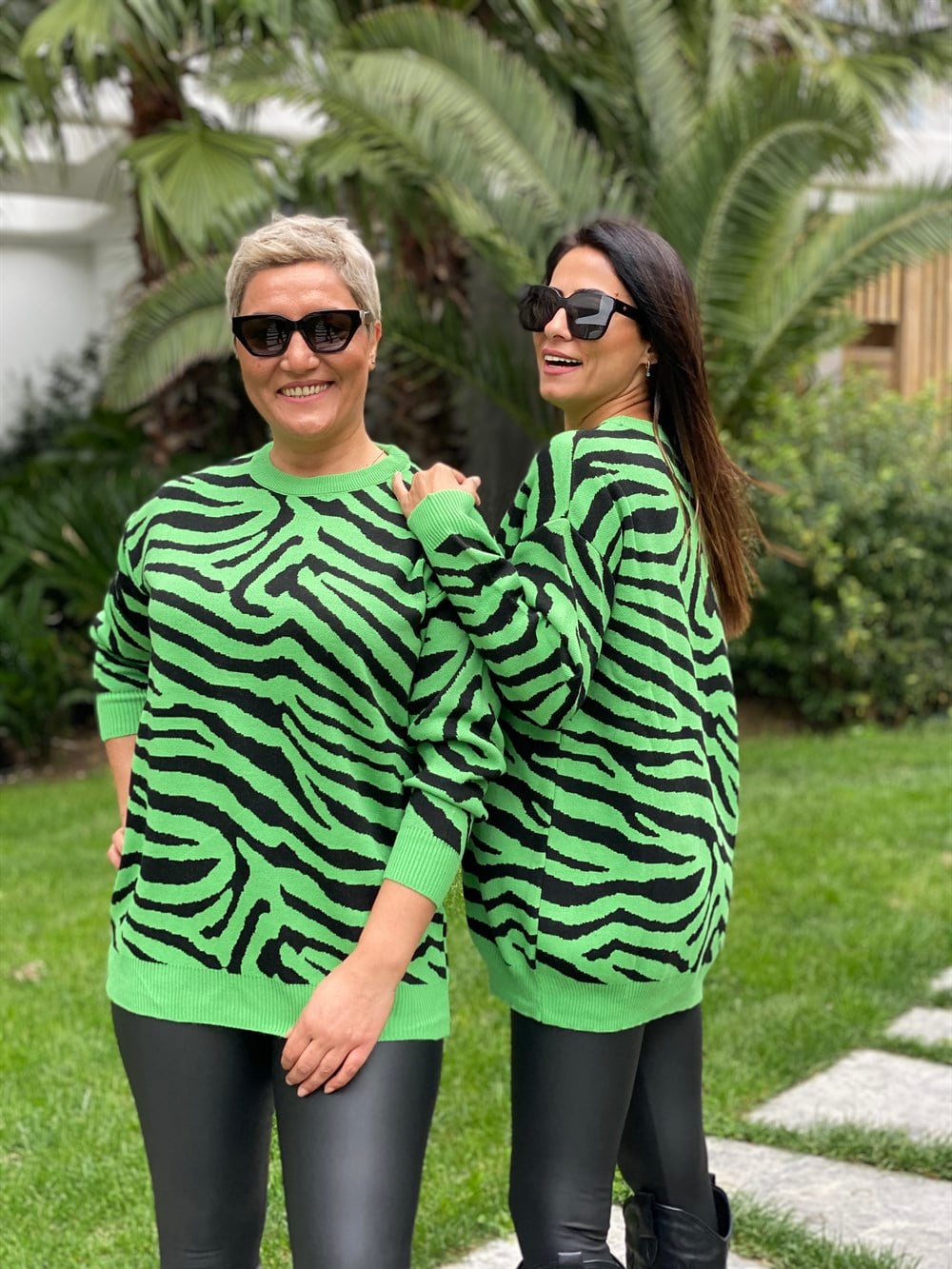 Yeşil Zebra Desen Bisiklet Yaka Kadın Triko Kazak