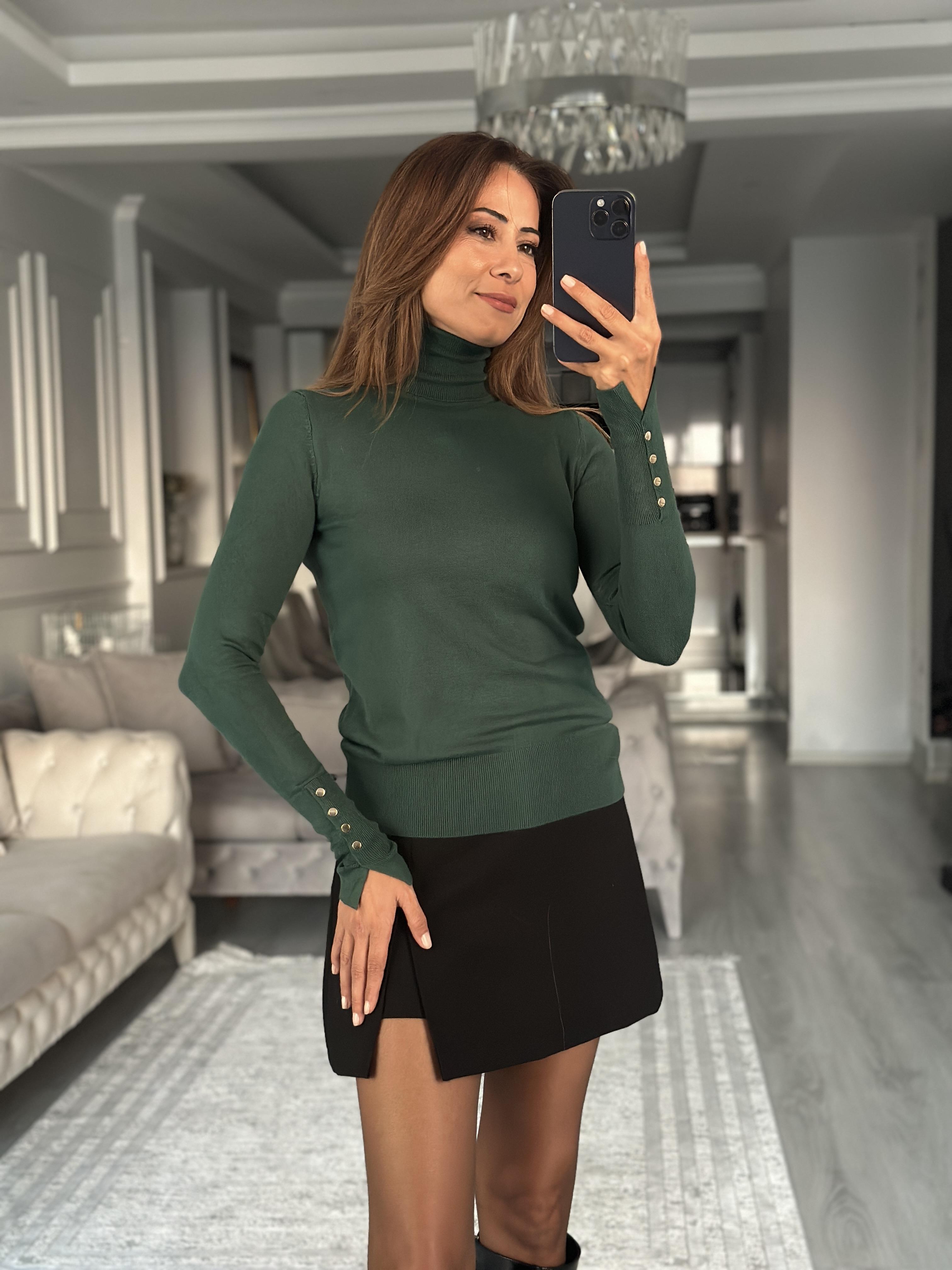 Zümrüt Yeşili Balıkçı Yaka Kolu Droplu Kadın Triko Kazak