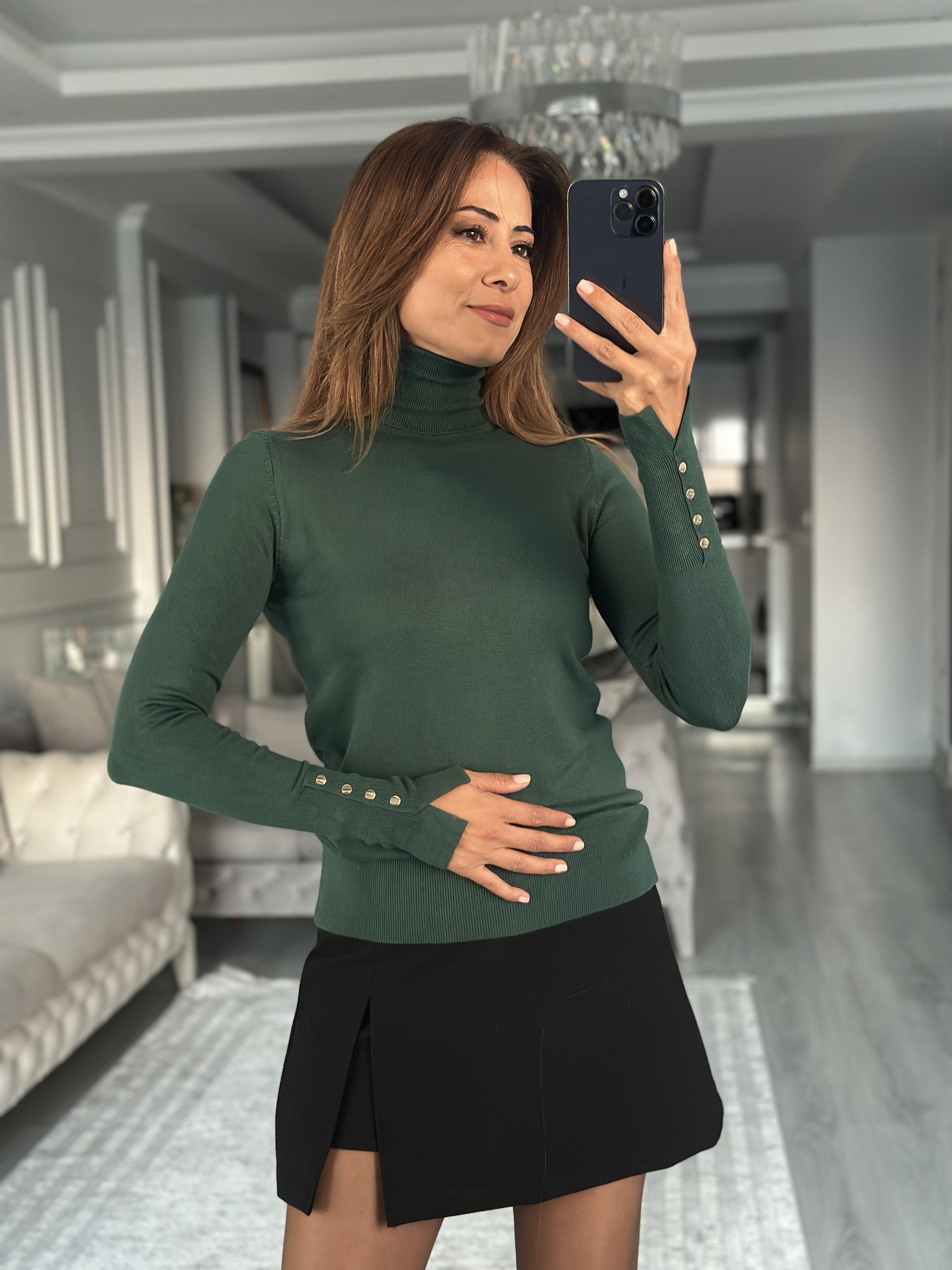 Zümrüt Yeşili Balıkçı Yaka Kolu Droplu Kadın Triko Kazak