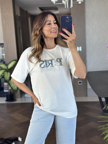 Beyaz Eyfel Taşlı Bisiklet Yaka Kadın T-Shirt