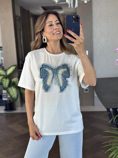  Beyaz Jean Fiyonklu Taşlı Kısa Kol Kadın T-Shirt