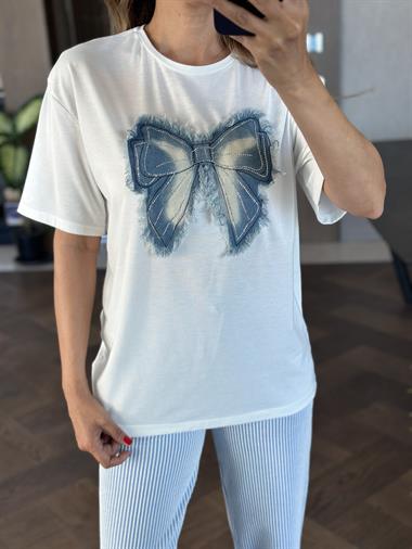  Beyaz Jean Fiyonklu Taşlı Kısa Kol Kadın T-Shirt