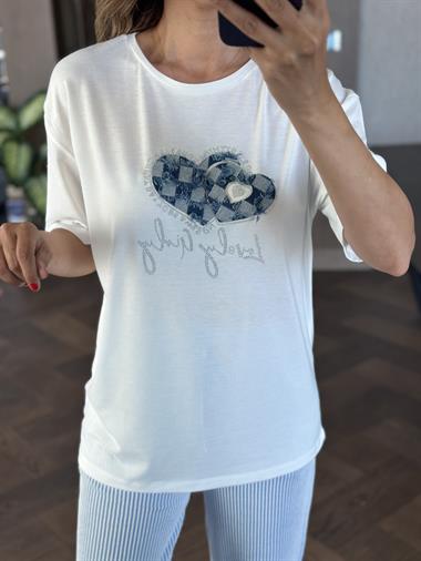  Beyaz Jean Kalpli Yazı Detay Kısa Kol Kadın T-Shirt