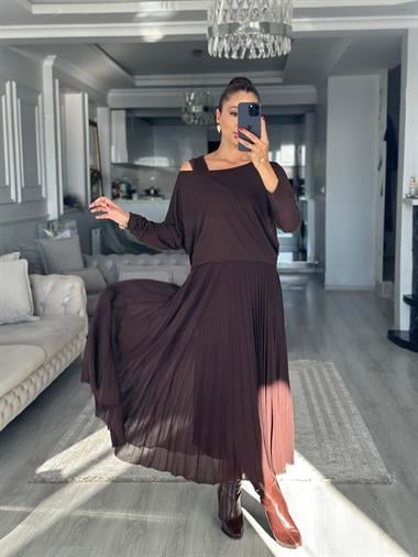 Acı Kahve Bluzlu Piliseli Midi Boy Kadın İkili Elbise