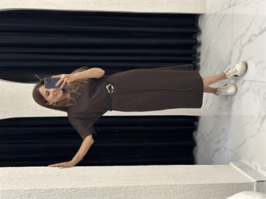 Acı Kahve Cool Kemerli Bisiklet Yaka Midi Boy Kadın Elbise 