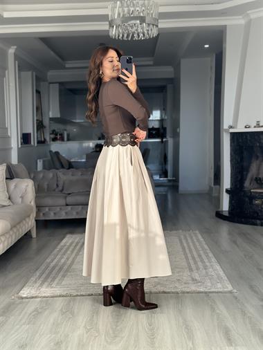 Acı Kahve Gümüş Çıtçıtlı Uzun Kollu Kaşkorse Kadın Body