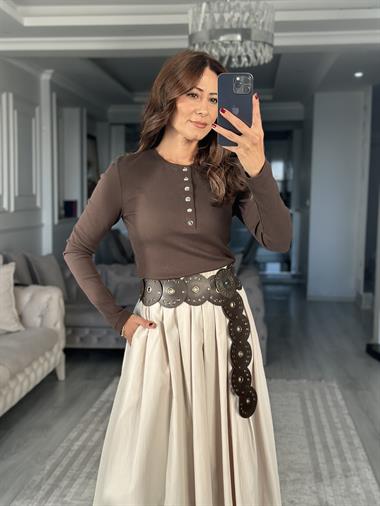 Acı Kahve Gümüş Çıtçıtlı Uzun Kollu Kaşkorse Kadın Body