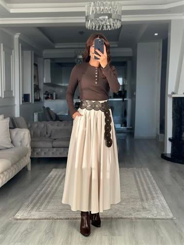 Acı Kahve Gümüş Çıtçıtlı Uzun Kollu Kaşkorse Kadın Body