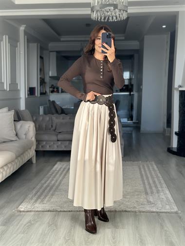 Acı Kahve Gümüş Çıtçıtlı Uzun Kollu Kaşkorse Kadın Body