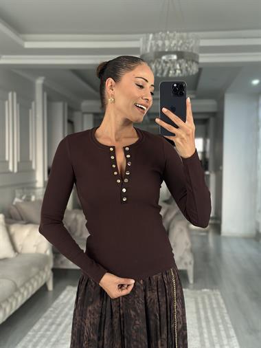 Acı Kahve Karol Patlı Çıtçıtlı Uzun Kollu Kadın Body