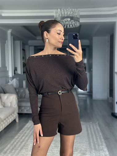 Acı Kahve Yakası Kuşgözü Yarasa Kol Kadın Bluz