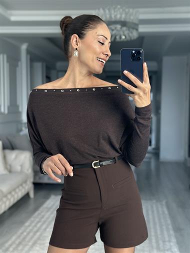 Acı Kahve Yakası Kuşgözü Yarasa Kol Kadın Bluz