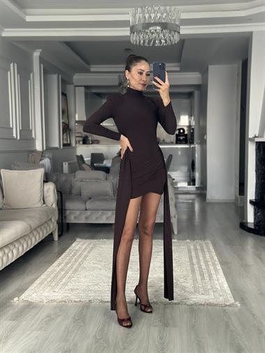 Acı Kahve Yarım Balıkçı Vatkalı Kuyruklu Kadın Mini Elbise