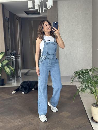 Açık Mavi Geniş Paça Askılı Kadın Kot Salopet