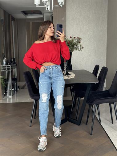 Açık Mavi Karol Yırtık Detay Mom Fit Kadın Jean