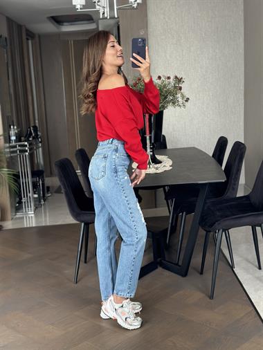 Açık Mavi Karol Yırtık Detay Mom Fit Kadın Jean