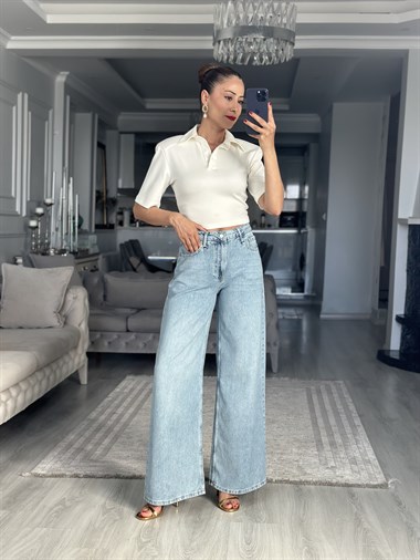 Açık Mavi Tensel Ultra Wide Leg Kadın Jean Pantolon