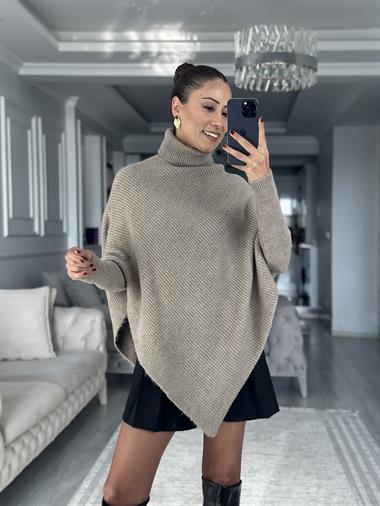 Açık Vizon Boğazlı Panço Kesim Kadın Triko Kazak