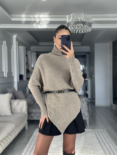 Açık Vizon Boğazlı Panço Kesim Kadın Triko Kazak