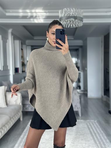 Açık Vizon Boğazlı Panço Kesim Kadın Triko Kazak