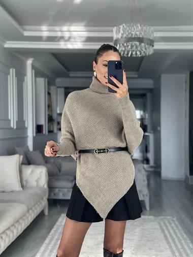 Açık Vizon Boğazlı Panço Kesim Kadın Triko Kazak