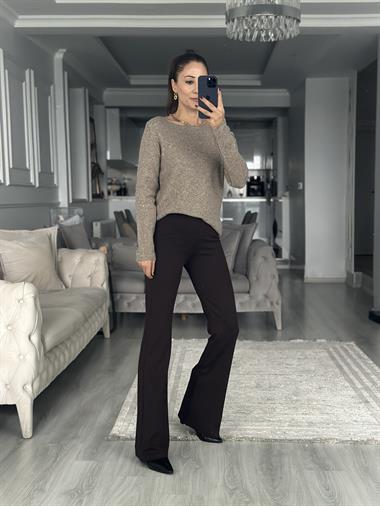 Açık Vizon Kayık Yaka Uzun Kol Pullu Simli Triko Kadın Kazak