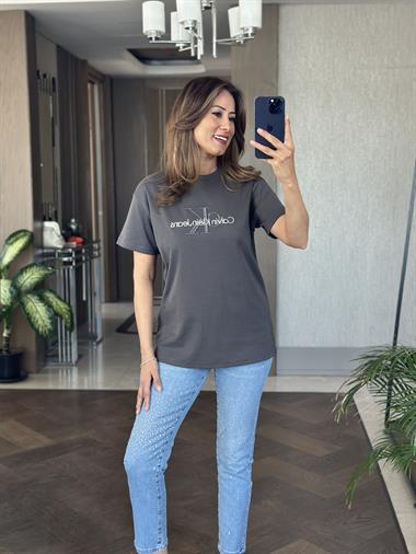 Antrasit Önü Kabartma Yazı Nakışlı Bisiklet Yaka Kısa Kol Kadın T-Shirt