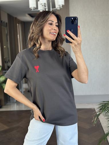 Antrasit A  Nakışlı Bisiklet Yaka Kısa Kol Kadın T-Shirt