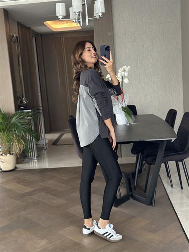 Antrasit Arkası Çizgili Bisiklet Yaka Kadın Sweatshirt