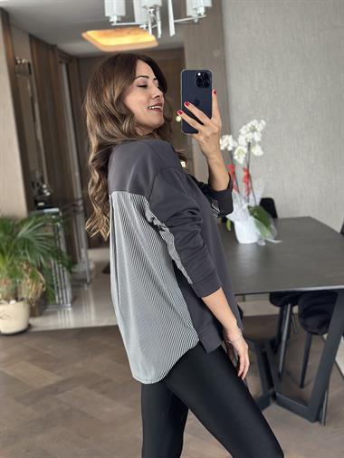 Antrasit Arkası Çizgili Bisiklet Yaka Kadın Sweatshirt