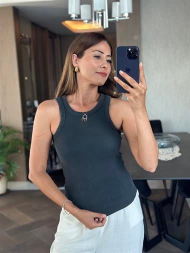 Antrasit Arkası Dikiş Detay Yıkamalı Halter Yaka Kadın Kaşkorse Body