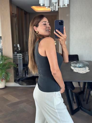 Antrasit Arkası Dikiş Detay Yıkamalı Halter Yaka Kadın Kaşkorse Body