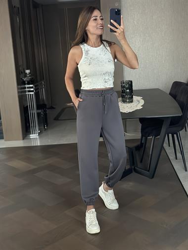 Antrasit Bel Bağcıklı Lastikli Cepli Modal Kadın Eşofman Altı