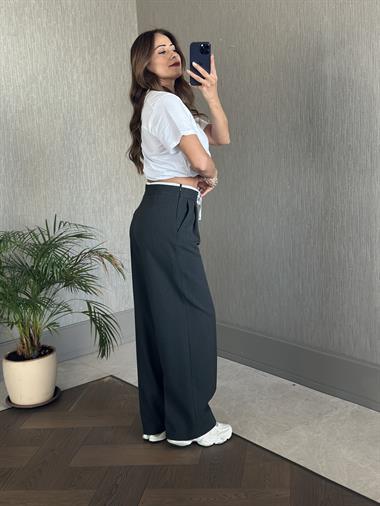 Antrasit Beli Beyaz Garnili Yanı Fermuarlı Kumaş Kadın Pantolon