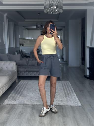 Antrasit Beli Lastikli Müslin Kumaş Kadın Şort