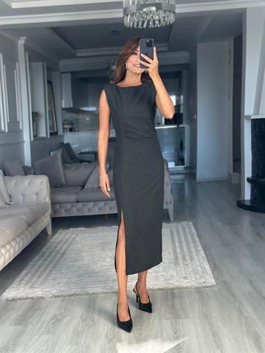 Antrasit Beli Ve Omzu Drapeli Sıfır Kol Kadın Midi Boy Elbise