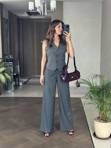 Antrasit Bezayağı Yelek Pantolon Kadın Takım