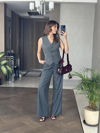 Antrasit Bezayağı Yelek Pantolon Kadın Takım