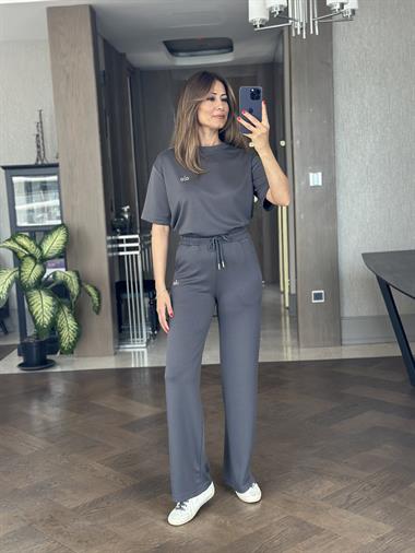 Antrasit Bisiklet Yaka Baskılı Kadın Eşofman Takımı