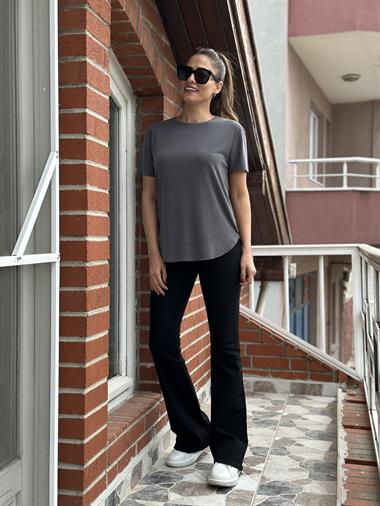 Antrasit Bisiklet Yaka Lazer Kesim Modal Kadın T-Shirt