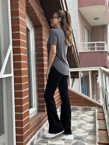 Antrasit Bisiklet Yaka Lazer Kesim Modal Kadın T-Shirt