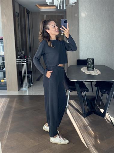 Antrasit Bisiklet Yaka Paçası Dikiş Detay Yumoş Dokulu Kadın İkili Takım