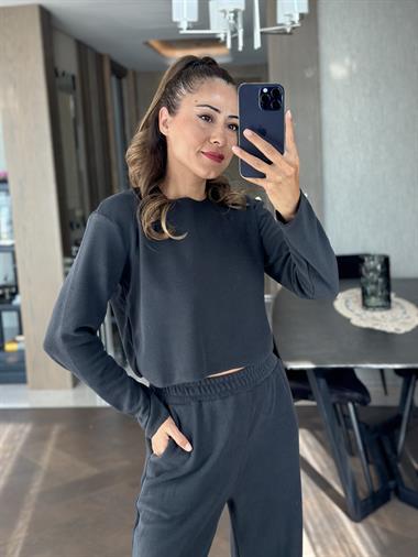 Antrasit Bisiklet Yaka Paçası Dikiş Detay Yumoş Dokulu Kadın İkili Takım