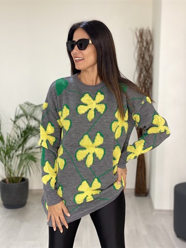 Sarı Papatya Kabartmalı Bisklet Yaka Triko Kadın Kazak